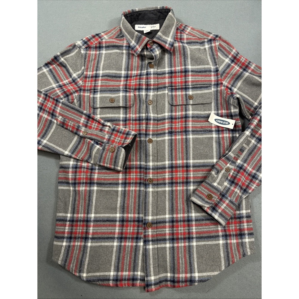 FLANNEL SHIRT Old Navy Men FLAP POCKETS MEN SMALL RED Plaid Double Brushed nwt